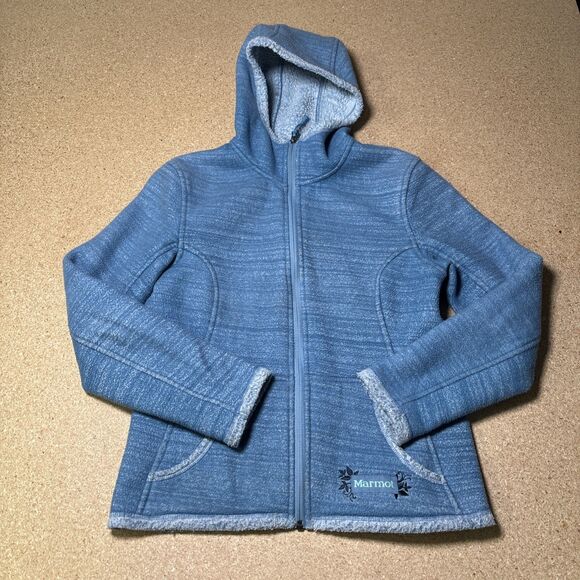 Marmot Fleece Jacket Womens Small Blue Full Zip Hooded Sherpa Lined H2 - Picture 1 of 6